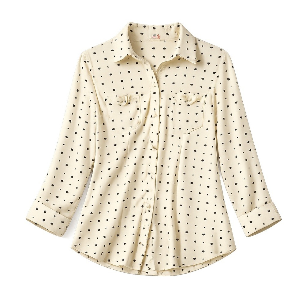 Heart Print Button Up Blouse Roll Tab Sleeve Lightweight Top Medium